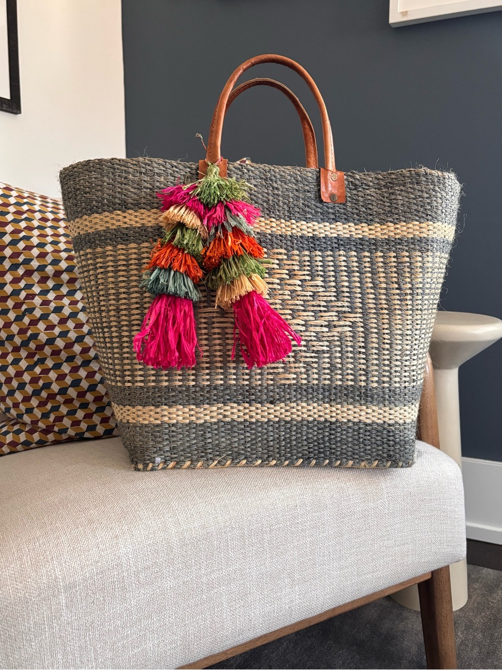 Mar Y Sol Woven Straw Tote Bag with Colorful Tassel - Gray & Natural